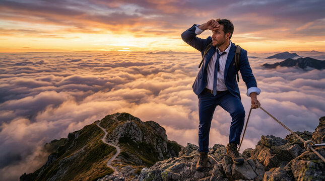 Businessman hiking atop a jagged mountain peak at sunrise. Male holding a climbing rope, gazes over a vast sea of clouds and a winding ridge path below. Overcoming challenges and reaching success