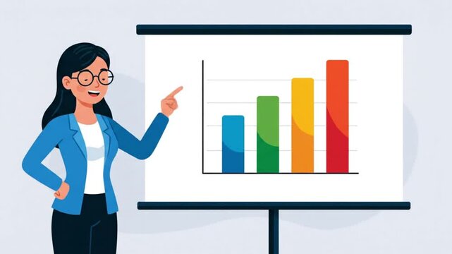 Illustration of a woman presenting a bar graph on a whiteboard, symbolizing business growth and financial analysis