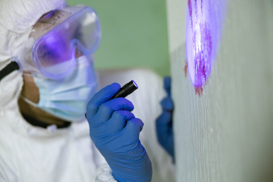 Forensics expert in ppe suit, mask, goggles, and blue gloves using a uv flashlight to reveal evidence on a wall