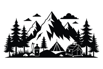 Obraz premium mountains and fir trees camping adventure wildlife silhouette line art vector illustration