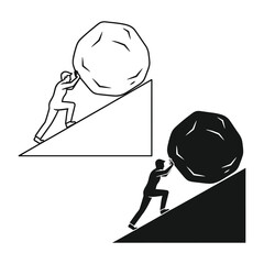 Man pushing large boulder uphill silhouette illustration on white background © Fariaislam
