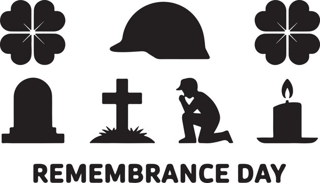 Remembrance Day icons with text and praying figure