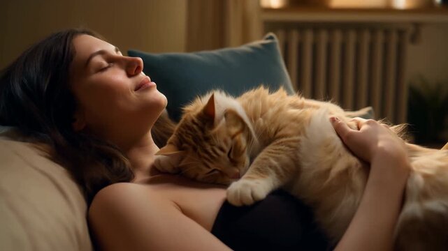 Gentle Feline Companionship. Peaceful Scene Of Woman Cuddling With Her Ginger Cat During Morning Light