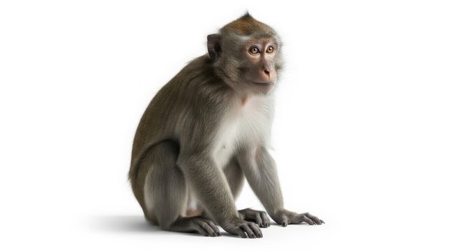 Long-tailed macaque monkey sitting, wild primate with brown fur and expressive face, curious crab-eating macaque in a studio portrait isolated on White Background