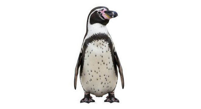 Humboldt penguin standing in full body view, black and white flightless seabird with spotted chest, aquatic wildlife animal portrait isolated on White Background