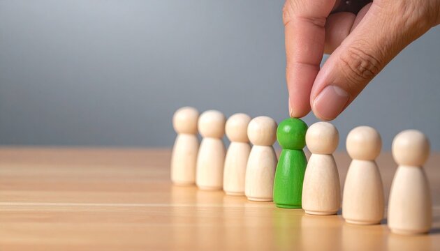 Hand pushing green figurine away from group, symbolizing exclusion or individuality.