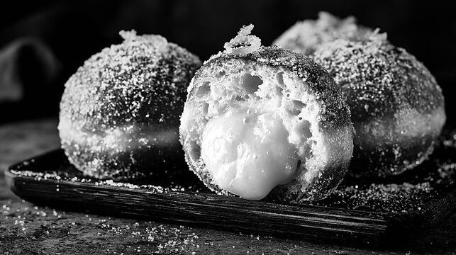 Yuzu curd filled donuts with sugar coating in black and white