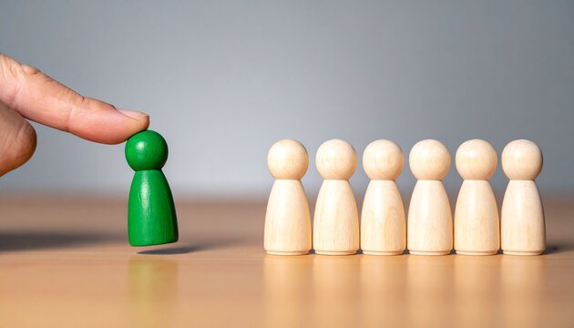 Hand pushing green figurine away from group, symbolizing exclusion or individuality.