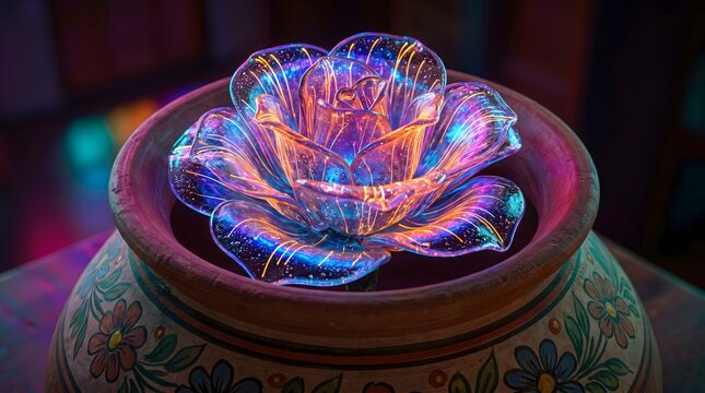 A translucent glowing glass rose sculpture featuring vibrant neon colors inside a decorative rustic painted ceramic vessel