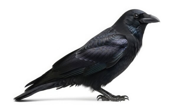 Black raven bird profile, majestic common raven with iridescent dark feathers, wild crow standing in side view, intelligent corvid wildlife isolated on White Background