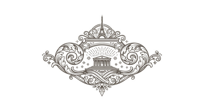 Vintage Engraved Paris Emblem with Eiffel Tower and Classical Building