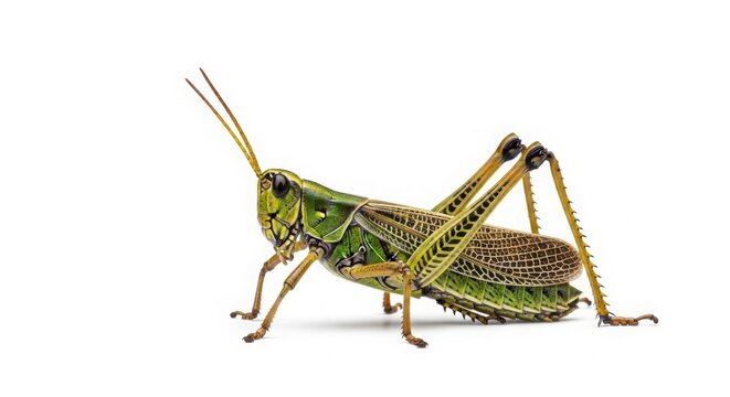 Green grasshopper macro photography, vibrant meadow insect with long legs and antennae, detailed locust specimen for biology and nature education isolated on White Background