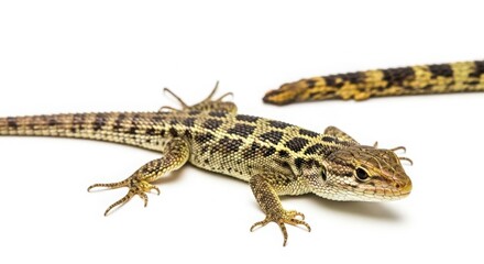 Naklejka premium Striped lizard with detached tail, reptile autotomy and survival mechanism, brown and yellow patterned lizard isolated on White Background