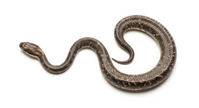 Brown garter snake with textured scales, slithering wild reptile in curved pose, non-venomous colubrid snake for nature education isolated on White Background