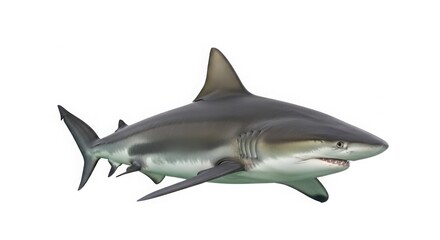 Fototapeta premium Bull shark swimming profile, aggressive marine predator with grey skin and dorsal fin, powerful aquatic wildlife animal for educational use isolated on White Background