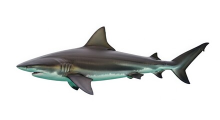 Obraz premium Bull shark swimming profile, aggressive marine predator with grey skin and dorsal fin, realistic ocean wildlife photography for educational use isolated on White Background