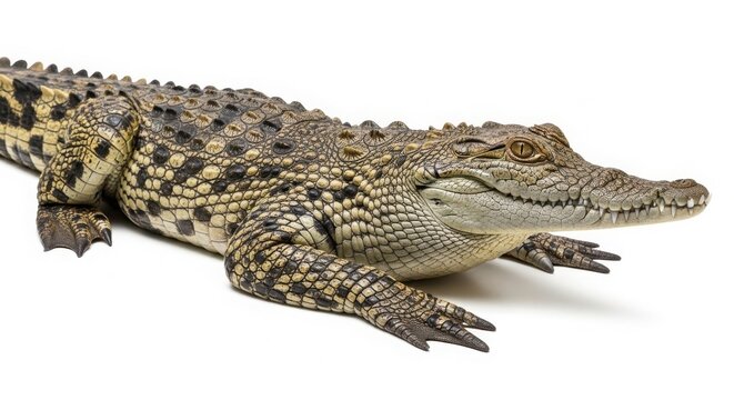 Young saltwater crocodile with textured scales, wild alligator reptile resting, exotic green and brown crocodilian wildlife predator isolated on White Background