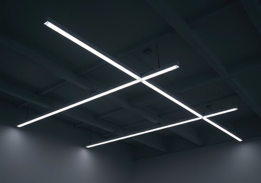 Abstract view of a minimalist white rectangular light panel suspended from a high ceiling, emphasizing clean lines and modern architectural geometry, blank, illumination, suspended