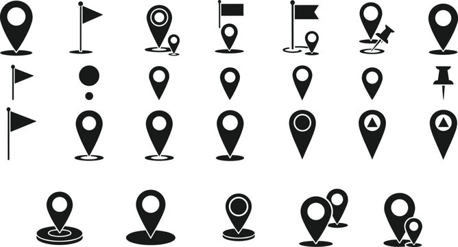 Collection of Map Pin Icons with Flags, Dots, and Markers for Navigation, Location Tracking, and Mapping Designs
