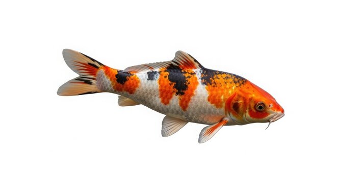 Japanese koi carp with orange and black spots, colorful nishikigoi swimming fish, ornamental pond koi for garden landscaping and zen decor isolated on White Background