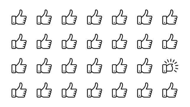 Set of cheerful thumbs up icons with one firework thumbs up in a grid layout
