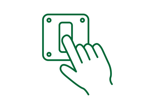Icono de mano presionando un interruptor de luz verde para ahorrar energ&iacute;a y promover la sostenibilidad