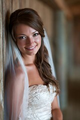 Fototapeta premium Happy bride smiling against rustic wooden wall