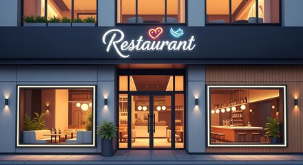 Fototapeta premium Modern restaurant exterior at night time.