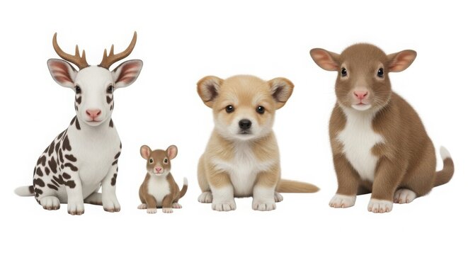 Adorable baby animal collection, cute puppy and deer with mouse and lamb, charming wildlife and farm animal group for nursery decor isolated on White Background