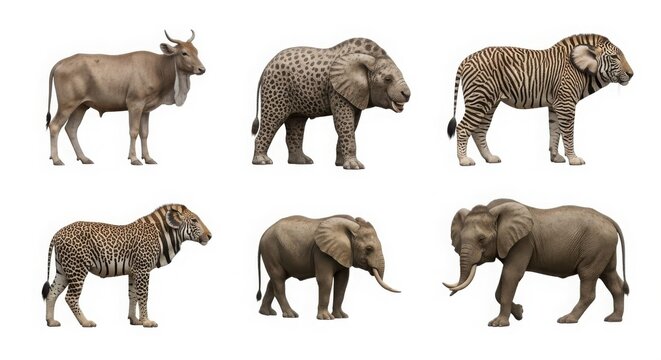 Surreal hybrid animals collection, set of 6 fantasy creature photo manipulations, bizarre genetic mutation concept art, exotic wildlife mashups isolated on White Background