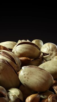 Cashews, almonds, and pistachios in shells over dark gradient background with rich surface texture in close up view