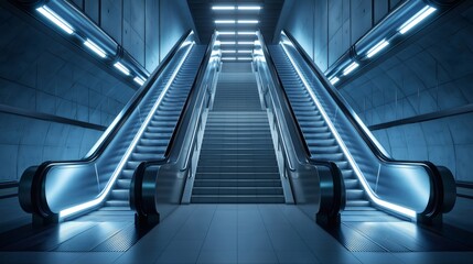 Fototapeta premium Escalators moving up to a modern subway station