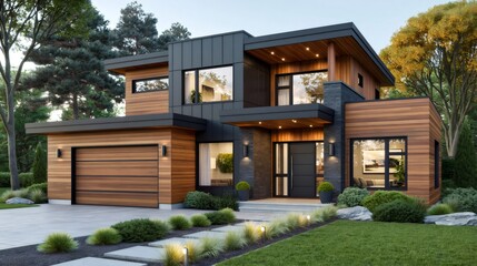 Fototapeta premium Modern house exterior showcasing contemporary architecture and luxury living