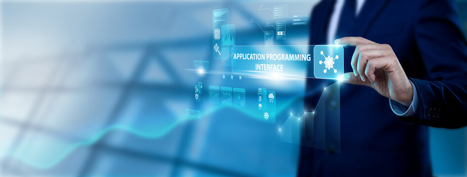 Developer hand holding API interface on digital screen, application programming integration, cloud services, software connectivity and digital system communication technology