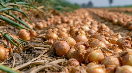 Fototapeta premium Freshly harvested onions drying on an agricultural field