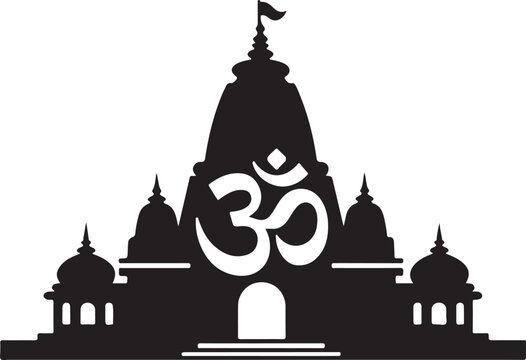 Hindu Temple Silhouette with Om Symbol Isolated on White