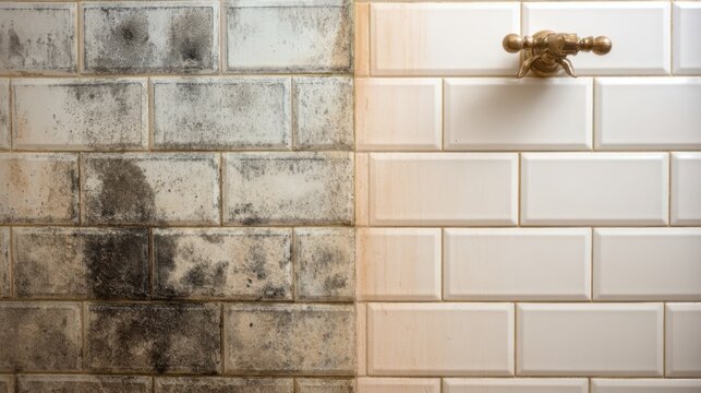 Wall tiles show contrast between dirty and clean surfaces in a bathroom cleaning project
