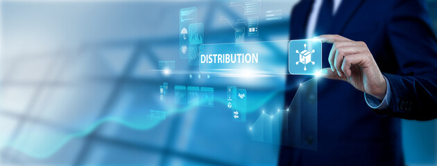 Logistics manager hand holding distribution interface on digital screen, supply chain management,...
