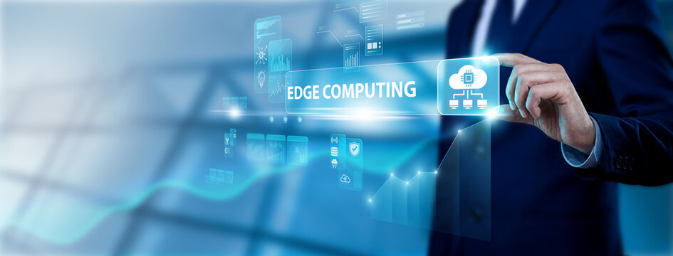 IT engineer hand holding edge computing interface on digital screen, real time data processing, distributed computing systems, low latency network and IoT infrastructure technology
