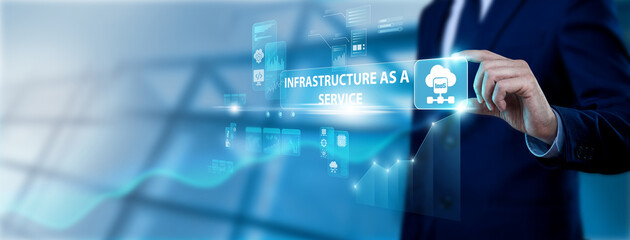 Obraz premium IT engineer hand holding IaaS interface on digital screen, cloud infrastructure services, virtual servers, scalable computing and modern cloud technology solutions