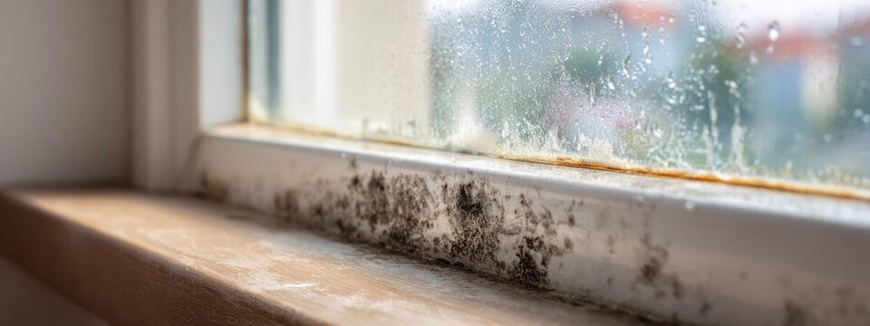 Moisture buildup and mold on window sill in a residential home during a rainy day