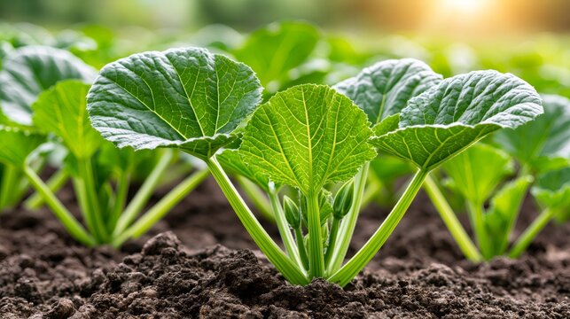 Young zucchini plants growing in fertile garden soil