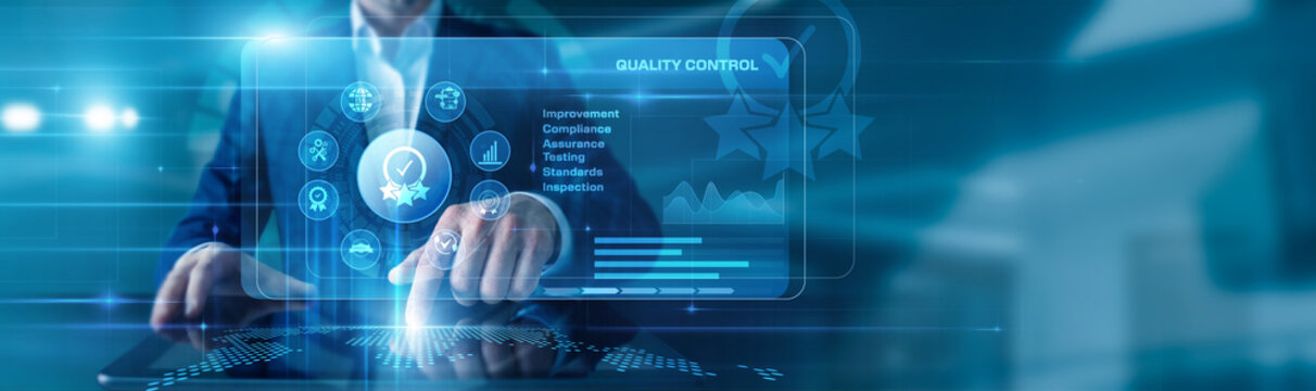 Quality Inspector touching the tablet using Quality Control, displayed diagrams and graphs with icons of inspection, standards, testing, compliance across the world map.