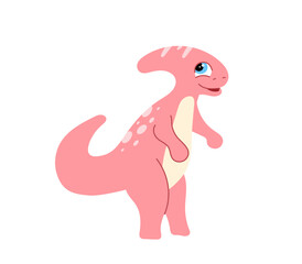 Fototapeta premium Little pink crested dinosaur with spots. Friendly animal character for kids' education, nursery decor, and textile design. Vector illustration isolated on white background.