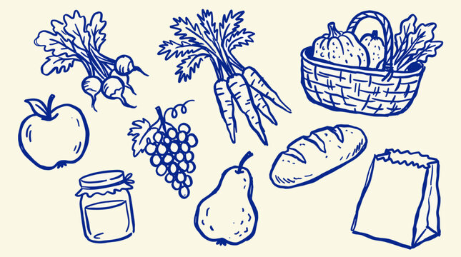 Hand drawn sketch of fresh fruits vegetables bread and jam jar in a charming rustic style perfect for healthy food concepts and farm to table themes
