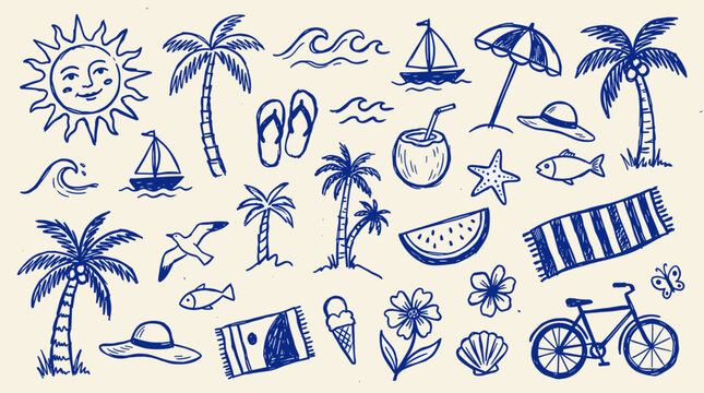 Whimsical hand drawn summer vacation doodles featuring beach elements like palm trees sun ocean waves and beach accessories on a textured background