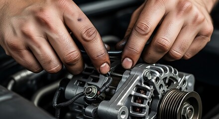 Close-up of a mechanic's dirty hands working on a car engine's alternator, performing maintenance or repair.