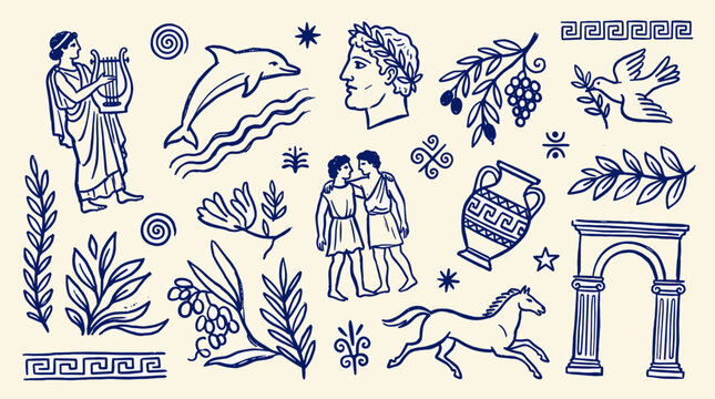Collection of ancient greek symbols and illustrations on a cream background antique art elements with mythology and history