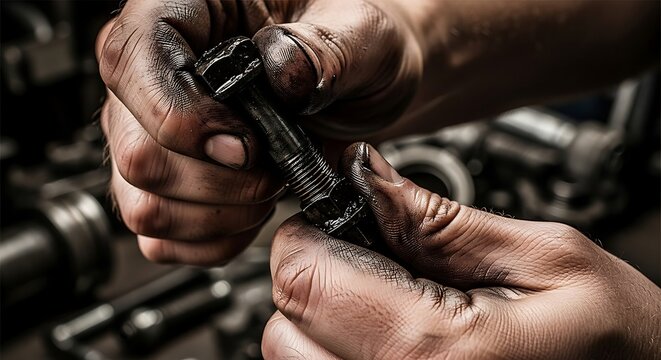 Close-up of dirty, greasy hands holding a metal bolt in a workshop setting, indicating manual labor or repair work.