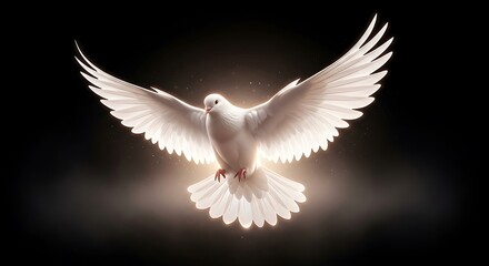 Obraz premium white dove flying with wings spread in golden backlight against dark background